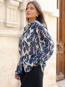 Vintage French Elegant Tree Shadow Leaf Tropical Print Chiffon Loose Long Sleeve Women Blouse Office Beige Autumn - Royal Blue - View 5