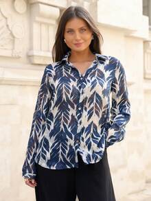 Vintage French Elegant Tree Shadow Leaf Tropical Print Chiffon Loose Long Sleeve Women Blouse Office Beige Autumn - Royal Blue - View 4