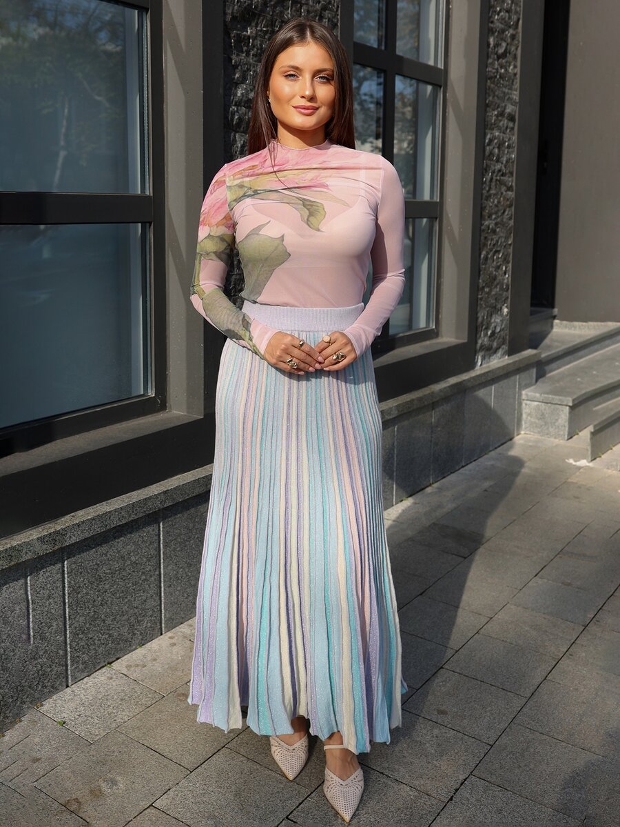 WOMEN'S ELEGANT VACATION STYLE COLORBLOCK RAINBOW OMBRE PLEATED SWEATER SKIRT