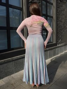 WOMEN'S ELEGANT VACATION STYLE COLORBLOCK RAINBOW OMBRE PLEATED SWEATER SKIRT - Purple - View 3
