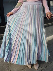 WOMEN'S ELEGANT VACATION STYLE COLORBLOCK RAINBOW OMBRE PLEATED SWEATER SKIRT - Purple - View 5