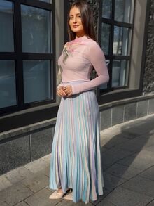 WOMEN'S ELEGANT VACATION STYLE COLORBLOCK RAINBOW OMBRE PLEATED SWEATER SKIRT - Purple - View 6