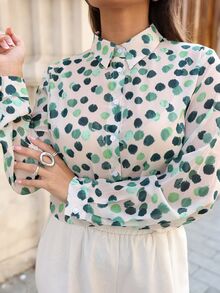 Women's Elegant French Collar Long Sleeve Dual-Color Polka Dot Print Blouse, Autumn - Olive Green - View 5