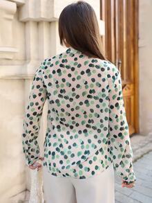 Women's Elegant French Collar Long Sleeve Dual-Color Polka Dot Print Blouse, Autumn - Olive Green - View 2