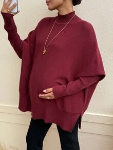 MaterniWear Maternity Solid Color Minimalist Versatile Long Sleeve Sweater Winter - Burgundy - View 7