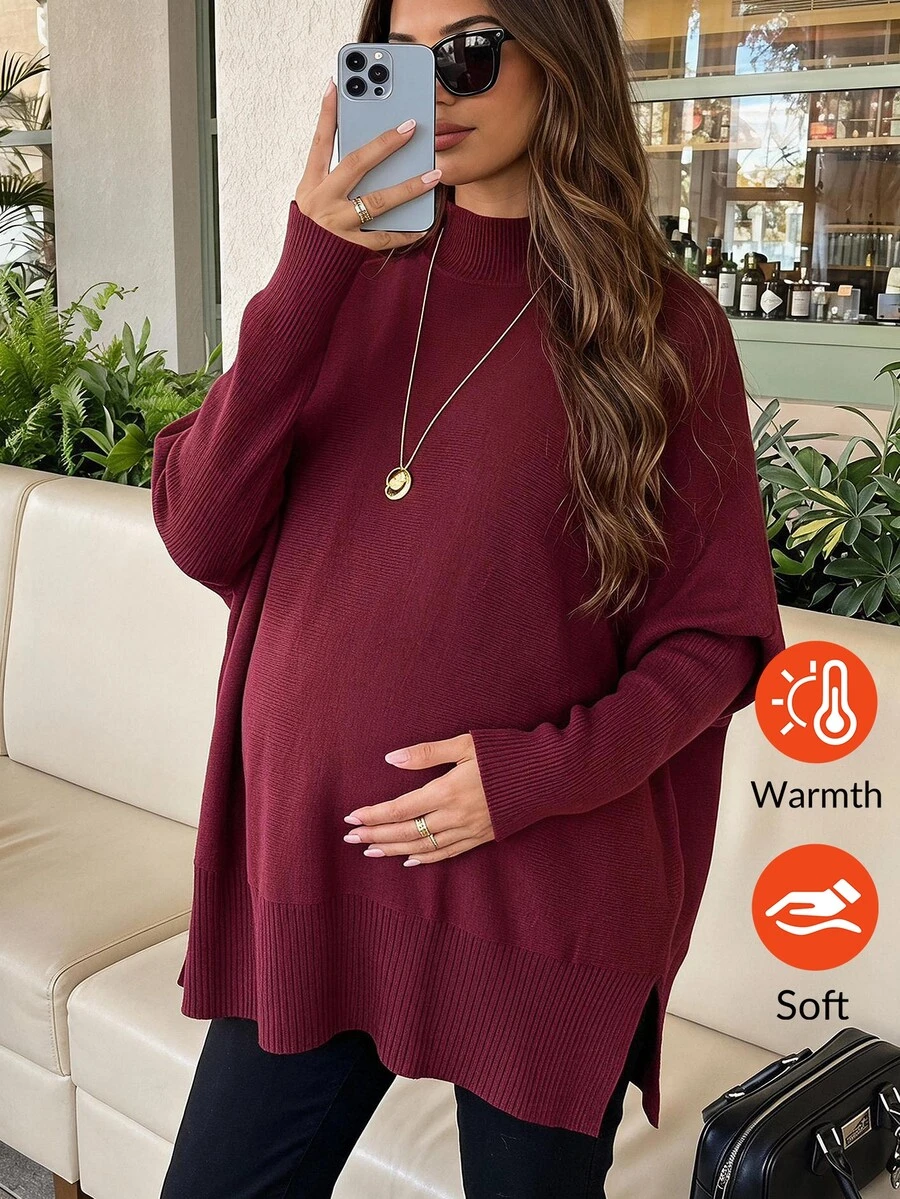 MaterniWear Maternity Solid Color Minimalist Versatile Long Sleeve Sweater Winter - Burgundy - View 1
