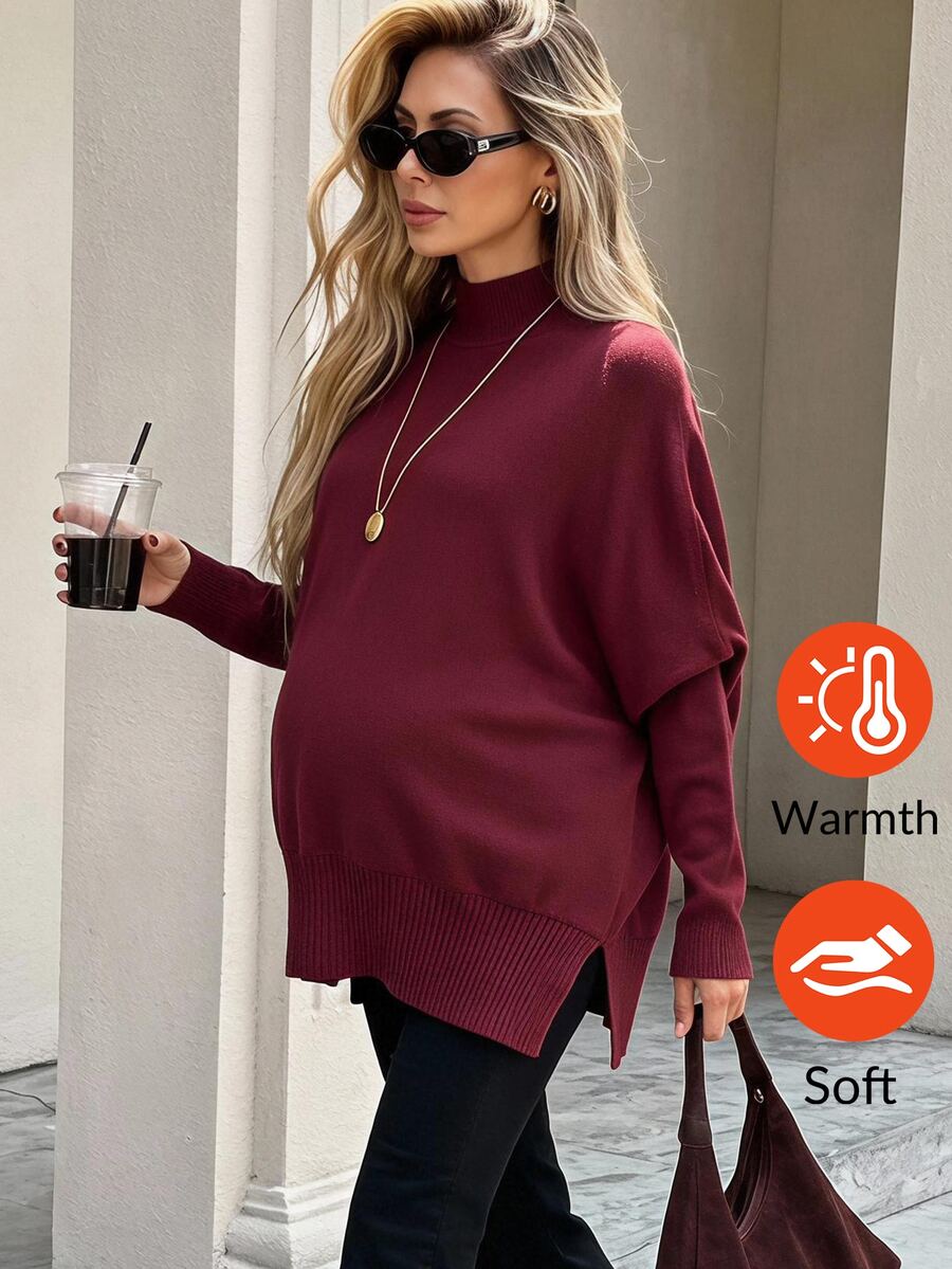 MaterniWear Maternity Solid Color Minimalist Versatile Long Sleeve Sweater Winter - Burgundy - View 1