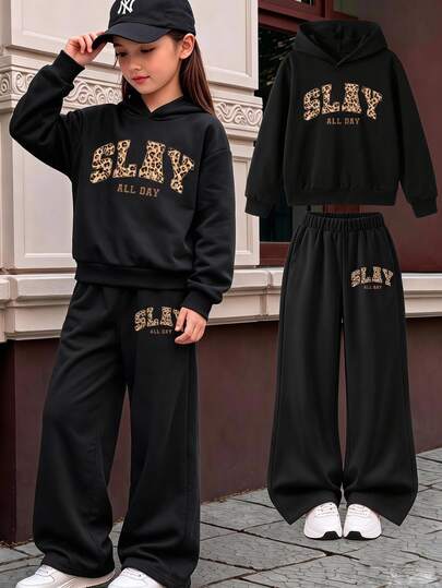 1套青少年女孩黑色SLAY字母豹紋連帽衛衣+長褲套裝 休閒運動風 適合學生秋季校園與牛仔風外出穿著