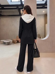 Rue Lumi 女款 2 件套 秋冬修身拉鍊連帽休閒長袖時尚夾克與休閒長褲 - 黑色 - 查看 2