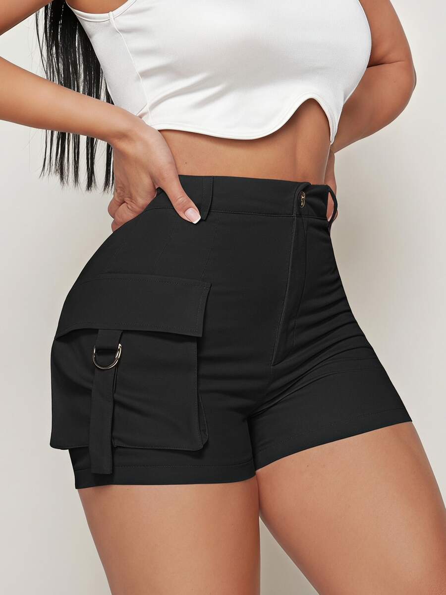 SHEIN SXY Summer High Waisted Black Shorts With Side Flap Pockets - Black - View 1