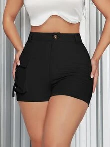 SHEIN SXY Summer High Waisted Black Shorts With Side Flap Pockets - Black - View 3