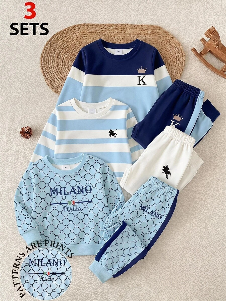 2pcs Young Boys Sweatshirt Set Preppy Blue White Striped Geometric Print Drop Shoulder Long Sleeve Crewneck School Fall Back To School - Multicolor - View 1