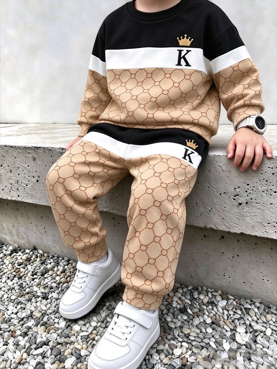2pcs Young Boys Crown Letter K Colorblock Crew Neck Fleece Long Sleeve Sweatshirt And Matching Printed Fleece Sweatpants Set, Suitable For Autumn/Winter - Multicolor - View 1