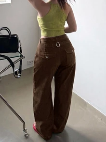 Dazy Plus Plus Size Women's Colorblock Contrast Stitch Loose Curved Leg Casual Streetwear Spring Autumn New Denim Jeans - Brown - View 4