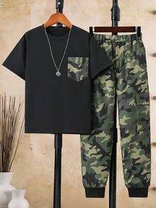 SHEIN Tween Boys' Camouflage Cargo Long Pants And Patch Pocket Top 2pcs/Set, School, Campus, College - Army Green - View 6