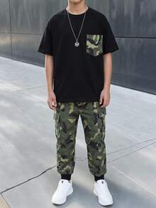 SHEIN Tween Boys' Camouflage Cargo Long Pants And Patch Pocket Top 2pcs/Set, School, Campus, College - Army Green - View 1