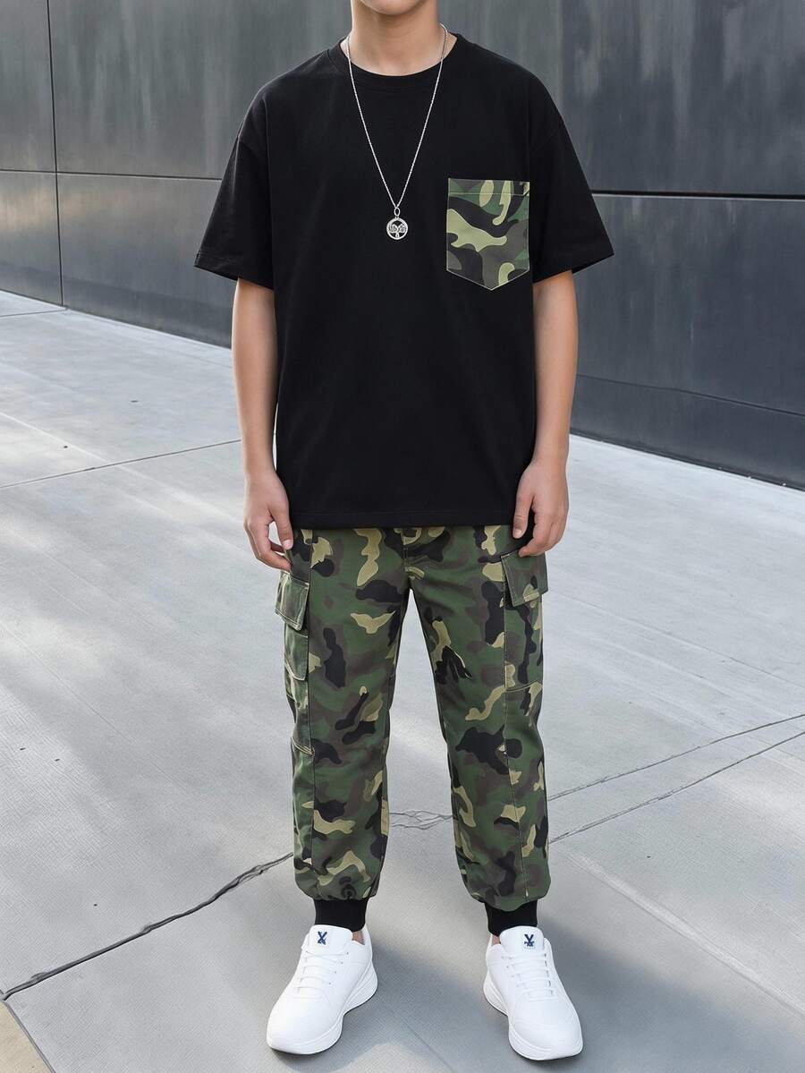 SHEIN Tween Boys' Camouflage Cargo Long Pants And Patch Pocket Top 2pcs/Set, School, Campus, College - Army Green - View 1