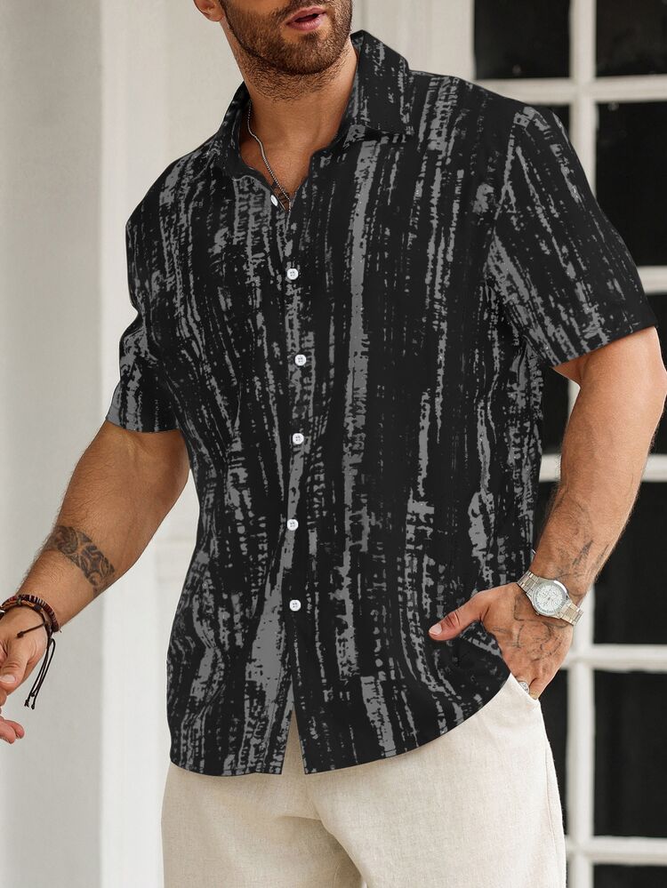 Manfinity Homme Plus Size Men's Casual Tie-Dye Front Button Short Sleeve Shirt, Summer Men Cuban Hawaiian Print Shirts Abstract Black Sleeves Holiday - Black - View 1