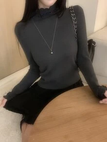 DAZY Women's Thermal Lined Dark Gray Mock Neck Frill Trim Fitted Solid Color Knit Long Sleeve Base Layer Sweater - Grey - View 10