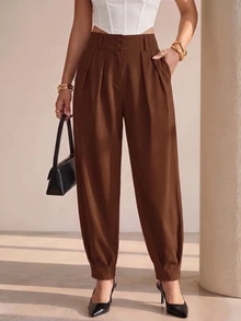 Structelle Women's Elegant High Waist Double Button Decor Pleated Straight Leg Pants, Casual Suit Pants For Spring & Autumn Search Baggy - Brown - View 1