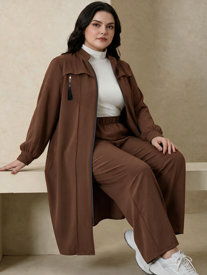 Graceveil Zip-Up Long Sleeve Outerwear Two Piece Formal Evening Asymmetric Embroidered Tassel-Trimmed Set, Arabic Style Clothing, Autumn/Winter
