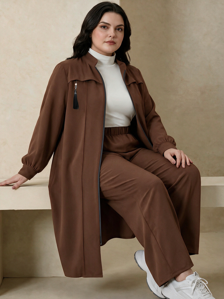 Graceveil Zip-Up Long Sleeve Outerwear Two Piece Formal Evening Asymmetric Embroidered Tassel-Trimmed Set, Arabic Style Clothing, Autumn/Winter - Coffee Brown - View 1
