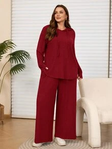 Rosumi 2件組大尺碼女款灰色秋季修身休閒傳統居家服連帽衛衣寬腿長褲套裝，附口袋，優雅端莊穿搭 - 紅色 - 查看 8