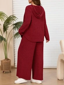 Rosumi 2件組大尺碼女款灰色秋季修身休閒傳統居家服連帽衛衣寬腿長褲套裝，附口袋，優雅端莊穿搭 - 紅色 - 查看 2