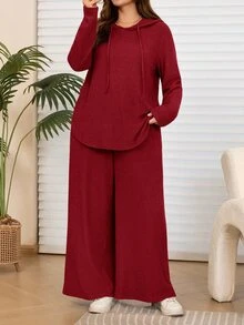 Rosumi 2件組大尺碼女款灰色秋季修身休閒傳統居家服連帽衛衣寬腿長褲套裝，附口袋，優雅端莊穿搭 - 紅色 - 查看 3