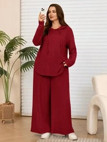 Rosumi 2件組大尺碼女款灰色秋季修身休閒傳統居家服連帽衛衣寬腿長褲套裝，附口袋，優雅端莊穿搭 - 紅色 - 查看 1