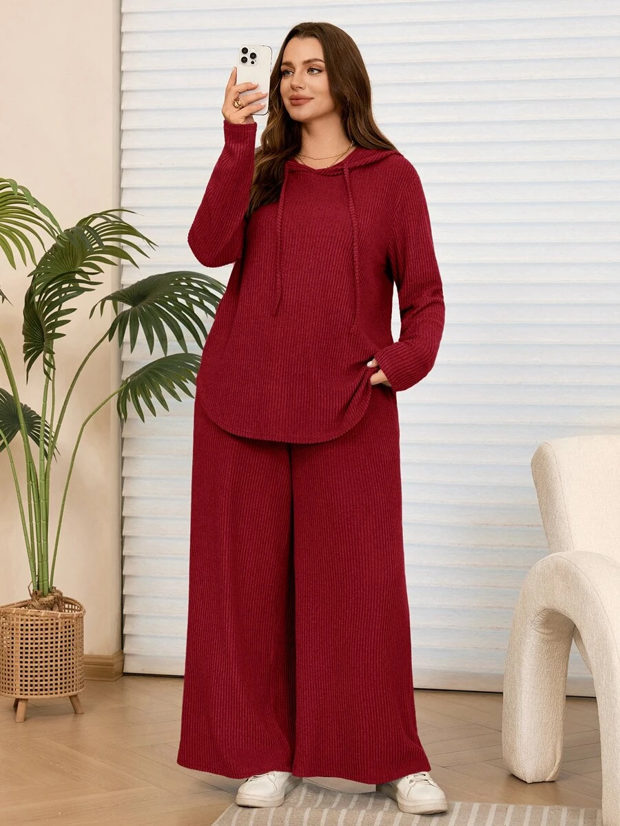 Rosumi 2件組大尺碼女款灰色秋季修身休閒傳統居家服連帽衛衣寬腿長褲套裝,附口袋,優雅端莊穿搭 - 紅色 - 查看 1