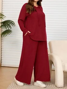 Rosumi 2件組大尺碼女款灰色秋季修身休閒傳統居家服連帽衛衣寬腿長褲套裝，附口袋，優雅端莊穿搭 - 紅色 - 查看 6