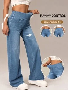 Flexra Women's High Waist Pockets Wide Leg Loose Casual Versatile Jeans - Light Wash - View 1