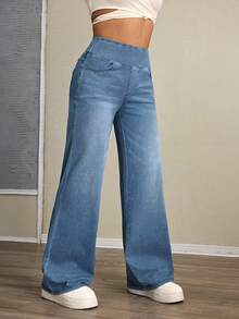 Flexra Women's High Waist Pockets Wide Leg Loose Casual Versatile Jeans - Light Wash - View 7