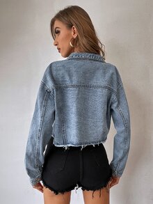 Flexra Drop Shoulder Rhinestone Fringe Trim Raw Cut Crop Denim Jacket - Medium Wash - View 3