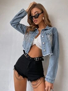 Flexra Drop Shoulder Rhinestone Fringe Trim Raw Cut Crop Denim Jacket - Medium Wash - View 4