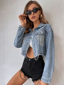 Flexra Drop Shoulder Rhinestone Fringe Trim Raw Cut Crop Denim Jacket - Medium Wash - View 6