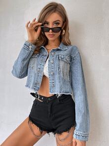 Flexra Drop Shoulder Rhinestone Fringe Trim Raw Cut Crop Denim Jacket - Medium Wash - View 7