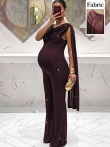 MaterniChic Maternity Solid Color Cowl Neck Cape Sleeve Glitter Elegant Jumpsuit Fall - Purple - View 1