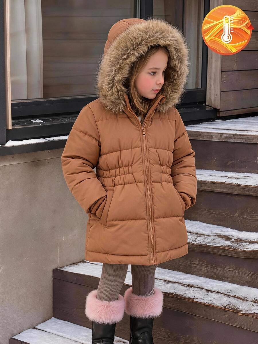 SHEIN 1件裝秋冬少女款焦糖色絎縫淺米色人造毛領中長版長袖冬季外套 + 手套,西式百搭口袋設計 - 卡其色 - 查看 1