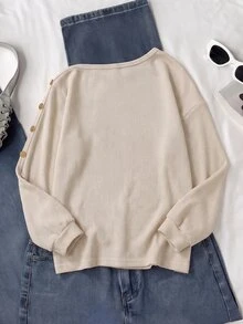 SHEIN Reset Phase Tween Girls Apricot Versatile Casual Off-The-Shoulder Long Sleeve Knit Top, Suitable For Daily Wear, Travel, Party And Outdoor Photography - Apricot - View 2