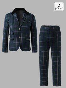 SHEIN Teen Boy Plaid Button Long Sleeve Jacket And Pants Suit Set For Performance, Wedding, Graduation Ceremony - Dark Green - View 6