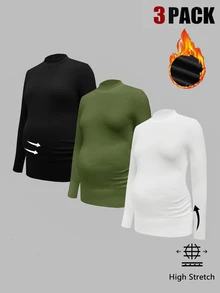 Modmama 3Packs Maternity Elegant Mock Neck Top,Long Sleeve Ruched Fleece Compression T-Shirt For Women,Black And White,Autumn,Smart Casual,Everyday,Solid Tops - Army Green - View 15