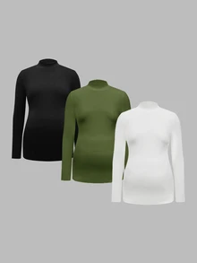 Modmama 3Packs Maternity Elegant Mock Neck Top,Long Sleeve Ruched Fleece Compression T-Shirt For Women,Black And White,Autumn,Smart Casual,Everyday,Solid Tops - Army Green - View 12