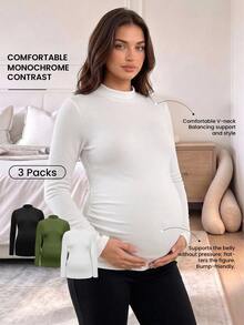 Modmama 3Packs Maternity Elegant Mock Neck Top,Long Sleeve Ruched Fleece Compression T-Shirt For Women,Black And White,Autumn,Smart Casual,Everyday,Solid Tops - Army Green - View 1