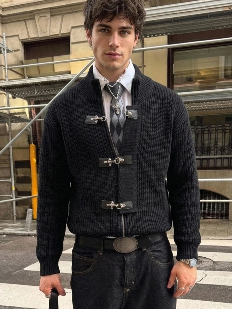 Manfinity Homme 男士素色飛機扣休閒日常旅行開襟衫 - 黑色 - 查看 1