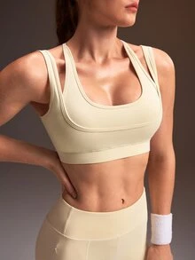 Powerista Women's Beige Double Strap Medium Support Padded Sports Bra(Suitable For Workout) - White - View 5