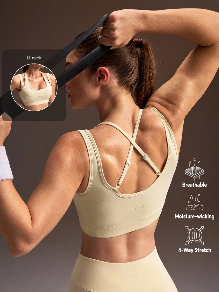 Powerista Women's Beige Double Strap Medium Support Padded Sports Bra(Suitable For Workout)