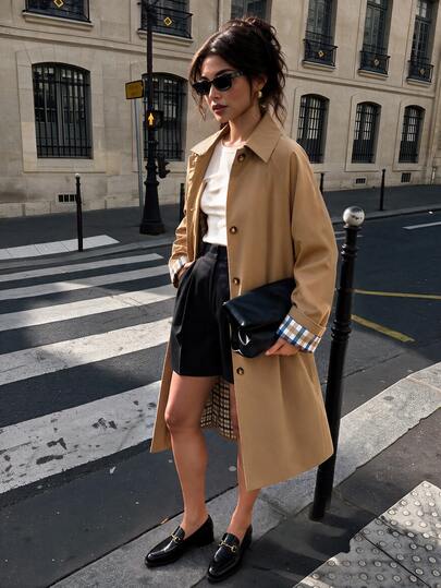 SHEIN PariChic Autumn/Winter Casual Women's Trench Coat, Plaid Fabric Colorblock Patchwork Design, Loose Fit, Outerwear, Suitable For Commuting And Office Wear, Classic Versatile Women's Trench Coat Jacket