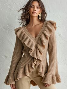 Balvessa Women's Chunky Ribbed V-Neck 3D Wavy Ruffle Waist Asymmetrical Fishtail Flared Hem Long Sleeve Sweater, Fall Party Date Night Camel Romantic Elegant - Khaki - View 3
